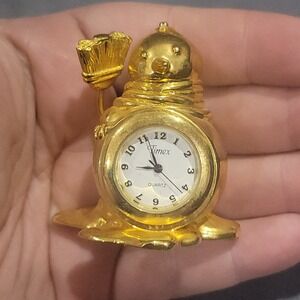 Vtg Timex Brass gold Tone Desk Clock Paperweight Snowman